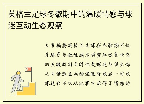 英格兰足球冬歇期中的温暖情感与球迷互动生态观察