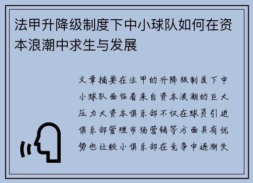 法甲升降级制度下中小球队如何在资本浪潮中求生与发展