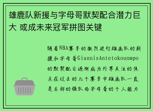 雄鹿队新援与字母哥默契配合潜力巨大 或成未来冠军拼图关键