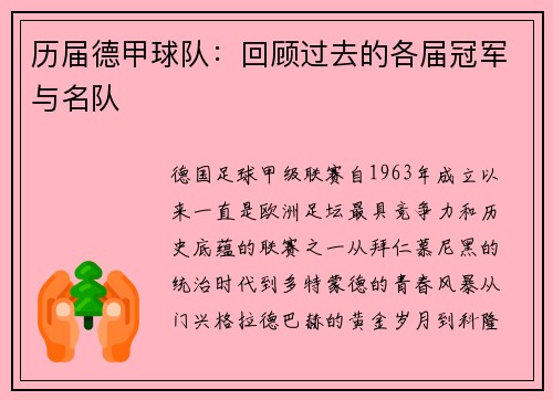 历届德甲球队：回顾过去的各届冠军与名队