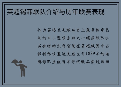 英超锡菲联队介绍与历年联赛表现