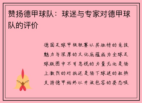 赞扬德甲球队：球迷与专家对德甲球队的评价